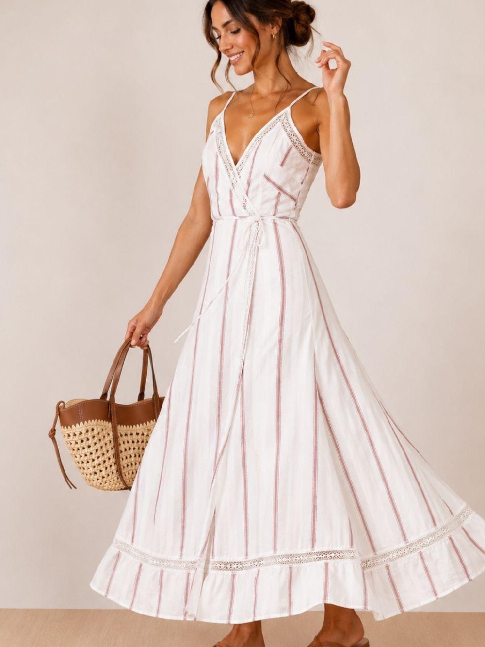 Reformation White and Blush Linen Striped Maxi Dress